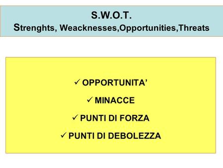 S.W.O.T. Strenghts, Weacknesses,Opportunities,Threats