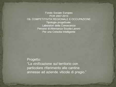 Progetto: La vinificazione sul territorio con particolare riferimento alle cantine annesse ad aziende viticole di pregio. Fondo Sociale Europeo POR 2007-2013.