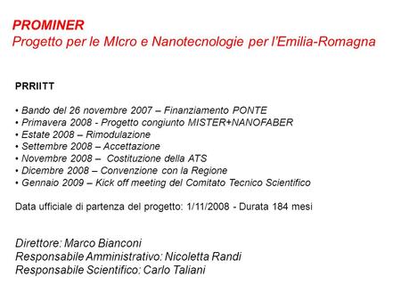 PROMINER Progetto per le MIcro e Nanotecnologie per lEmilia-Romagna PRRIITT Bando del 26 novembre 2007 – Finanziamento PONTE Primavera 2008 - Progetto.