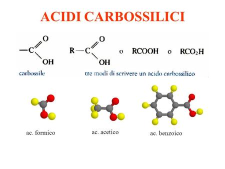 ACIDI CARBOSSILICI ac. formico ac. acetico ac. benzoico.