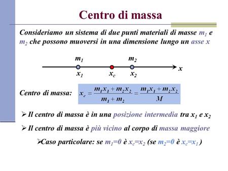 Centro di massa Consideriamo un sistema di due punti materiali di masse m1 e m2 che possono muoversi in una dimensione lungo un asse x x m1 m2 x1 x2 xc.