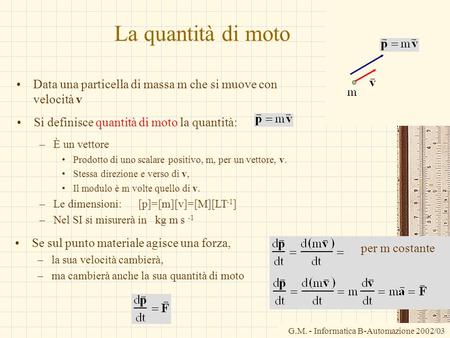 La quantità di moto Data una particella di massa m che si muove con velocità v Si definisce quantità di moto la quantità: È un vettore Prodotto di uno.