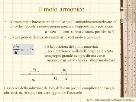 Il moto armonico Altro esempio interessante di moto è quello armonico caratterizzato dal fatto che l’accelerazione è proporzionale all’opposto della posizione: