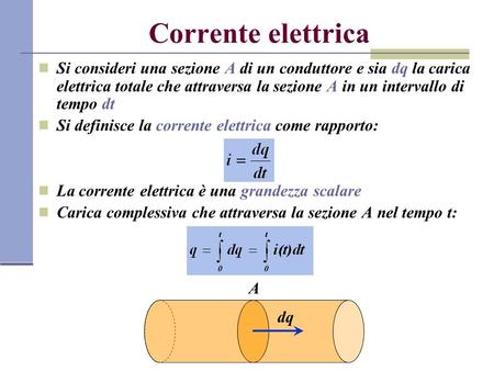 Corrente elettrica Si consideri una sezione A di un conduttore e sia dq la carica elettrica totale che attraversa la sezione A in un intervallo di tempo.