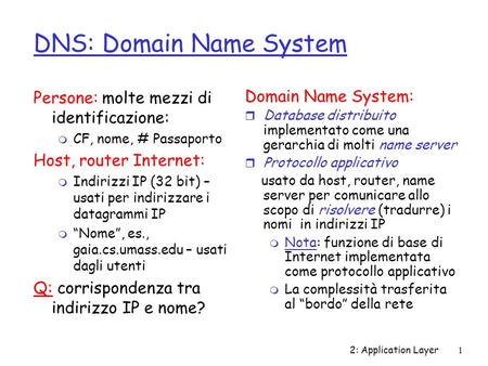 2: Application Layer1 DNS: Domain Name System Persone: molte mezzi di identificazione: m CF, nome, # Passaporto Host, router Internet: m Indirizzi IP (32.