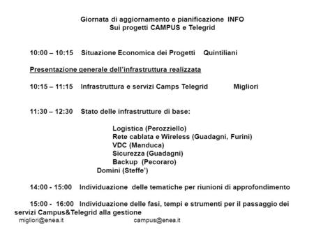 Giornata di aggiornamento e pianificazione INFO Sui progetti CAMPUS e Telegrid 10:00 – 10:15 Situazione Economica dei Progetti.