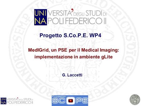 Progetto S.Co.P.E. WP4 MedIGrid, un PSE per il Medical Imaging: implementazione in ambiente gLite G. Laccetti.