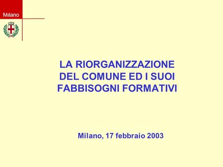 Milano LA RIORGANIZZAZIONE DEL COMUNE ED I SUOI FABBISOGNI FORMATIVI Milano, 17 febbraio 2003.