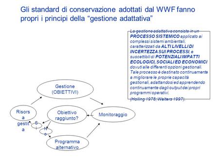 Gli standard di conservazione adottati dal WWF fanno propri i principi della “gestione adattativa” La gestione adattativa consiste in un PROCESSO SISTEMICO.