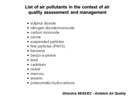 Directive 96/62/EC - Ambient Air Quality List of air pollutants in the context of air quality assessment and management.