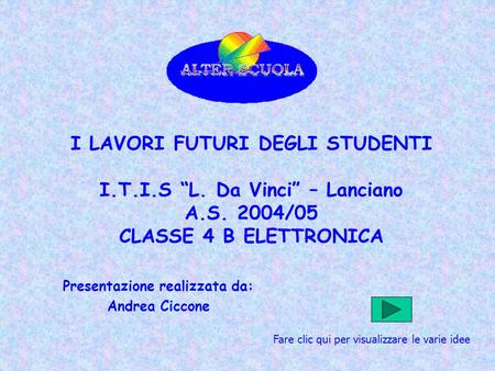 I LAVORI FUTURI DEGLI STUDENTI I.T.I.S L. Da Vinci – Lanciano A.S. 2004/05 CLASSE 4 B ELETTRONICA Presentazione realizzata da: Andrea Ciccone Fare clic.