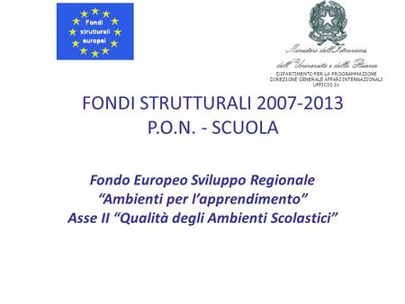 Fondo Europeo Sviluppo Regionale Ambienti per lapprendimento Asse II Qualità degli Ambienti Scolastici Ministero dellIstruzione, dellUniversità e della.