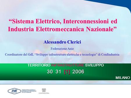 Sistema Elettrico, Interconnessioni ed Industria Elettromeccanica Nazionale Alessandro Clerici Federazione Anie Coordinatore del GdL Sviluppo infrastrutture.