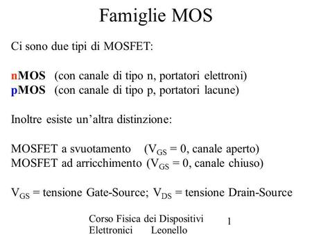 Famiglie MOS Ci sono due tipi di MOSFET:
