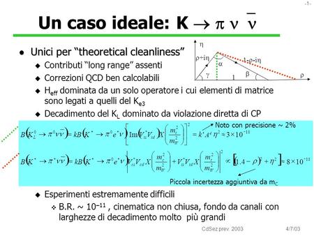 -1- CdSez prev. 20034/7/03 Un caso ideale: K l Unici per theoretical cleanliness u Contributi long range assenti u Correzioni QCD ben calcolabili u H eff.