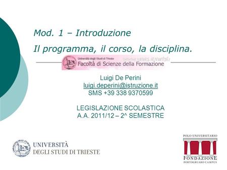 Luigi De Perini SMS +39 338 9370599 LEGISLAZIONE SCOLASTICA A.A. 2011/12 – 2^ SEMESTRE Mod. 1.