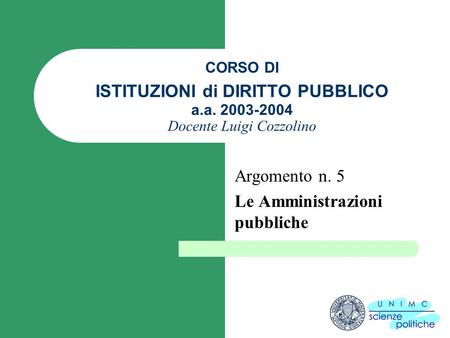 CORSO DI ISTITUZIONI di DIRITTO PUBBLICO a.a. 2003-2004 Docente Luigi Cozzolino Argomento n. 5 Le Amministrazioni pubbliche.