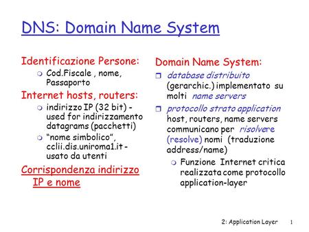 2: Application Layer1 DNS: Domain Name System Identificazione Persone: m Cod.Fiscale, nome, Passaporto Internet hosts, routers: m indirizzo IP (32 bit)