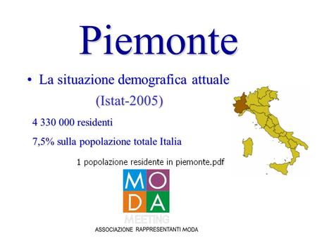 Piemonte La situazione demografica attualeLa situazione demografica attuale 4 330 000 residenti 7,5% sulla popolazione totale Italia (Istat-2005)