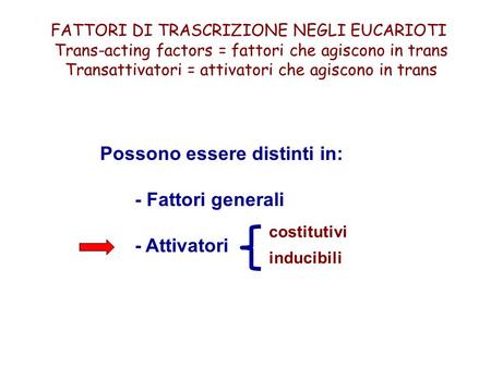 FATTORI DI TRASCRIZIONE NEGLI EUCARIOTI Trans-acting factors = fattori che agiscono in trans Transattivatori = attivatori che agiscono in trans Possono.
