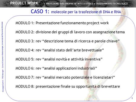 Giuseppe Conti © – TTO Manager - Corso di Laurea in Biotecnologie, Università del Piemonte Orientale 1 PROJECT WORK PROTEZIONE della PROPRIETA INTELLETTUALE.