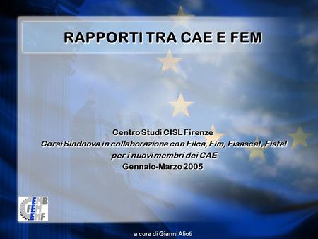 A cura di Gianni Alioti RAPPORTI TRA CAE E FEM Centro Studi CISL Firenze Corsi Sindnova in collaborazione con Filca, Fim, Fisascat, Fistel per i nuovi.