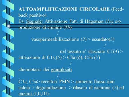 AUTOAMPLIFICAZIONE CIRCOLARE (Feed-back positivo) Es: Segnale: Attivazione Fatt. di Hageman (1a) e/o produzione di chinine (1b)