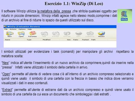Il software Winzip utilizza la metafora della pressa,che stritola qualsiasi oggetto per ridurlo in piccole dimensioni. Winzip infatti agisce nello stesso.