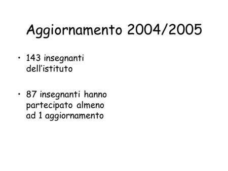 Aggiornamento 2004/2005 143 insegnanti dellistituto 87 insegnanti hanno partecipato almeno ad 1 aggiornamento.