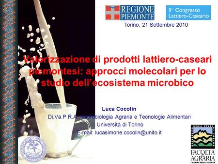 Torino, 21 Settembre 2010 Valorizzazione di prodotti lattiero-caseari piemontesi: approcci molecolari per lo studio dell’ecosistema microbico Luca Cocolin.