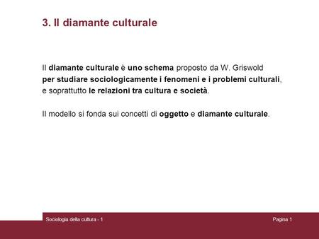 3. Il diamante culturale Il diamante culturale è uno schema proposto da W. Griswold per studiare sociologicamente i fenomeni e i problemi culturali, e.