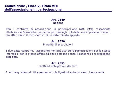 Codice civile, Libro V, Titolo VII: dellassociazione in partecipazione Art. 2549 Nozione Con il contratto di associazione in partecipazione (att. 219)