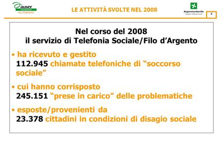 Resoconto delle attività svolte nellanno 2008 La Telefonia Sociale del Filo dArgento/ Pronto Servizio Anziani.