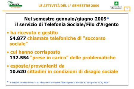 Resoconto delle attività del semestre 1 gennaio – 30 giugno 2009 La Telefonia Sociale del Filo dArgento/ Pronto Servizio Anziani.