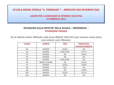 SCUOLA MEDIA STATALE S. TOMMASO – MERCATO SAN SEVERINO (SA) LAVORI PER IL SEMINARIO DI RITORNO OCSE-PISA 15 FEBBRAIO 2012 RIFLESSIONI SULLE CRITICITA DELLA.