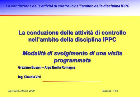 La conduzione delle attività di controllo nellambito della disciplina IPPC Sassuolo, Marzo 2009 Busani - Vivi La conduzione delle attività di controllo.