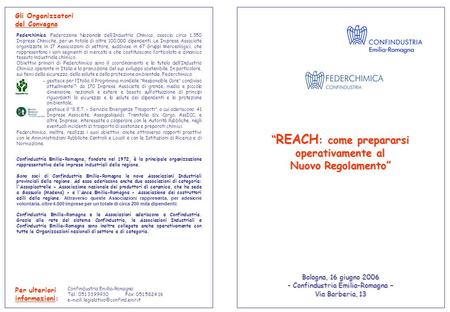 REACH : come prepararsi operativamente al Nuovo Regolamento REACH : come prepararsi operativamente al Nuovo Regolamento Per ulteriori informazioni: Confindustria.
