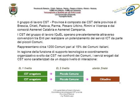 Il gruppo di lavoro CST - Province è composto dai CST delle province di Brescia, Chieti, Padova, Parma, Pesaro Urbino, Rimini e Vicenza e dai consorzi.