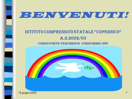 12 giugno 2003 1 BENVENUTI! ISTITUTO COMPRENSIVO STATALE COPERNICO a.s.2002/03 Corso ForTic Percorso B corso MIBB1280.