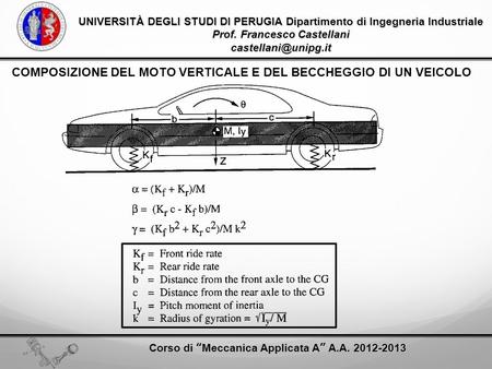 UNIVERSITÀ DEGLI STUDI DI PERUGIA Dipartimento di Ingegneria Industriale Prof. Francesco Castellani Corso di Meccanica Applicata A.