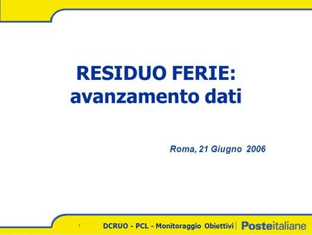 DCRUO - PCL - Monitoraggio Obiettivi 1 RESIDUO FERIE: avanzamento dati Roma, 21 Giugno 2006.