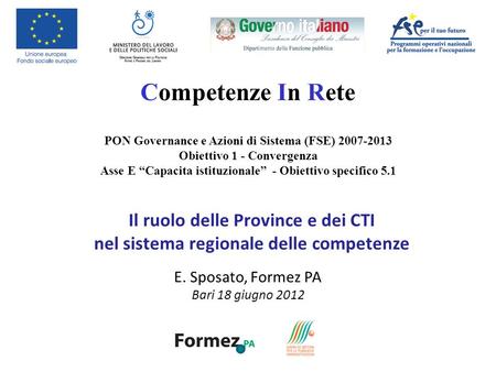 Competenze In Rete PON Governance e Azioni di Sistema (FSE) 2007-2013 Obiettivo 1 - Convergenza Asse E Capacita istituzionale - Obiettivo specifico 5.1.