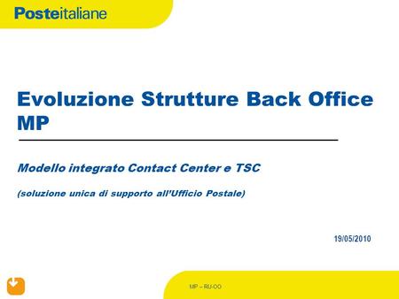 MP – RU-OO Evoluzione Strutture Back Office MP Modello integrato Contact Center e TSC (soluzione unica di supporto allUfficio Postale) 19/05/2010.