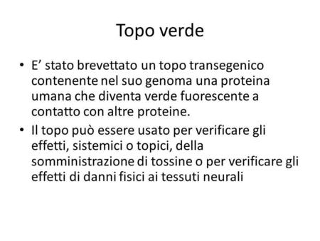 Topo verde E stato brevettato un topo transegenico contenente nel suo genoma una proteina umana che diventa verde fuorescente a contatto con altre proteine.