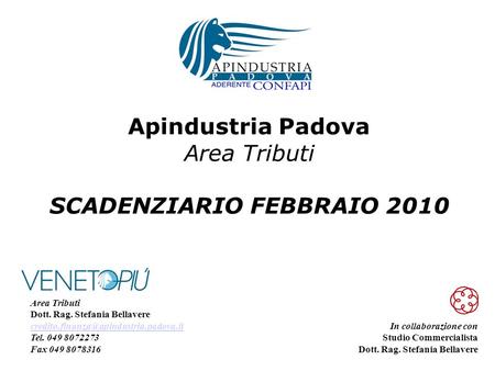 Apindustria Padova Area Tributi SCADENZIARIO FEBBRAIO 2010 In collaborazione con Studio Commercialista Dott. Rag. Stefania Bellavere Area Tributi Dott.
