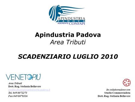 Apindustria Padova Area Tributi SCADENZIARIO LUGLIO 2010 In collaborazione con Studio Commercialista Dott. Rag. Stefania Bellavere Area Tributi Dott. Rag.
