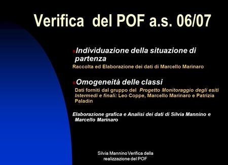 Silvia Mannino Verifica della realizzazione del POF Verifica del POF a.s. 06/07 Individuazione della situazione di partenza Raccolta ed Elaborazione dei.