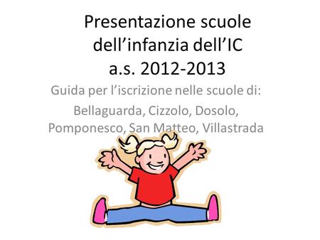 Presentazione scuole dellinfanzia dellIC a.s. 2012-2013 Guida per liscrizione nelle scuole di: Bellaguarda, Cizzolo, Dosolo, Pomponesco, San Matteo, Villastrada.