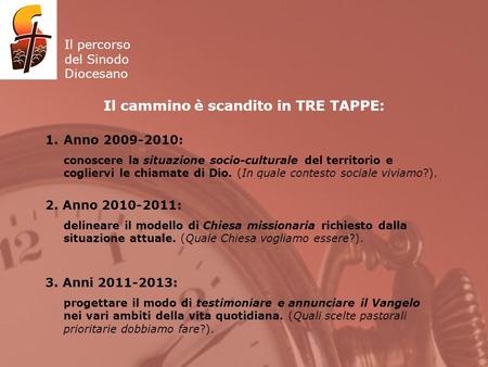 Il percorso del Sinodo Diocesano Il cammino è scandito in TRE TAPPE: 1.Anno 2009-2010: conoscere la situazione socio-culturale del territorio e cogliervi.