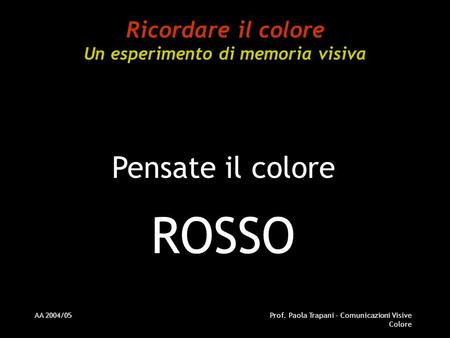 AA 2004/05Prof. Paola Trapani - Comunicazioni Visive Colore Ricordare il colore Un esperimento di memoria visiva Pensate il colore ROSSO.